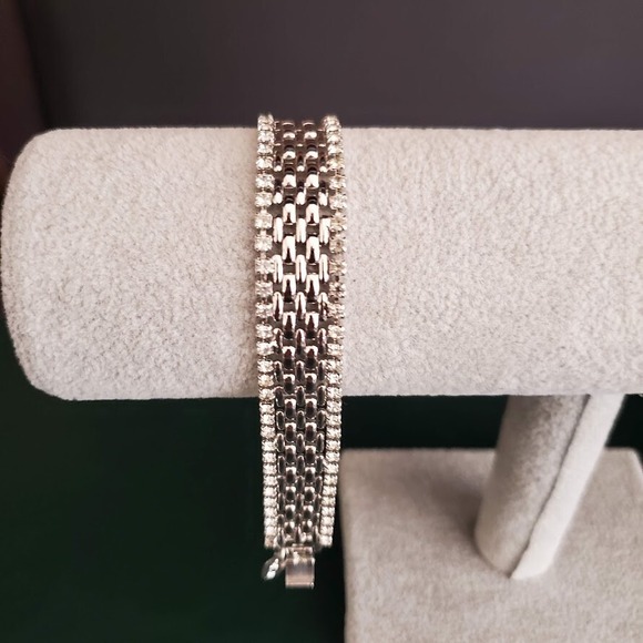 Vintage KJL‎ Kenneth J Lane Silver Tone Basket Weave Crystal Edge Bracelet - Picture 4 of 7